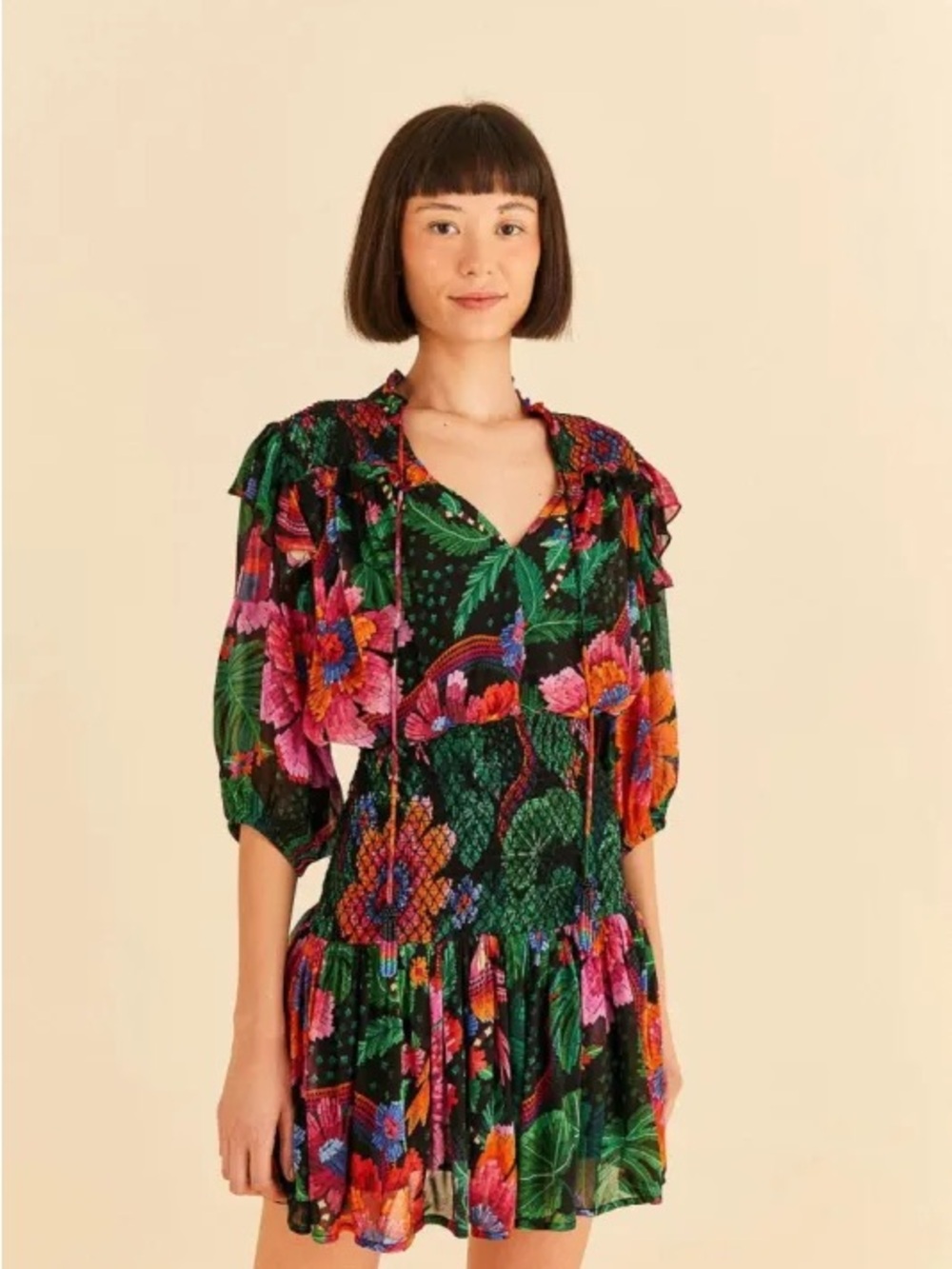 NWOT Farm Rio Tropical Floral Tiered Mini Dress - Black & Green Sz S